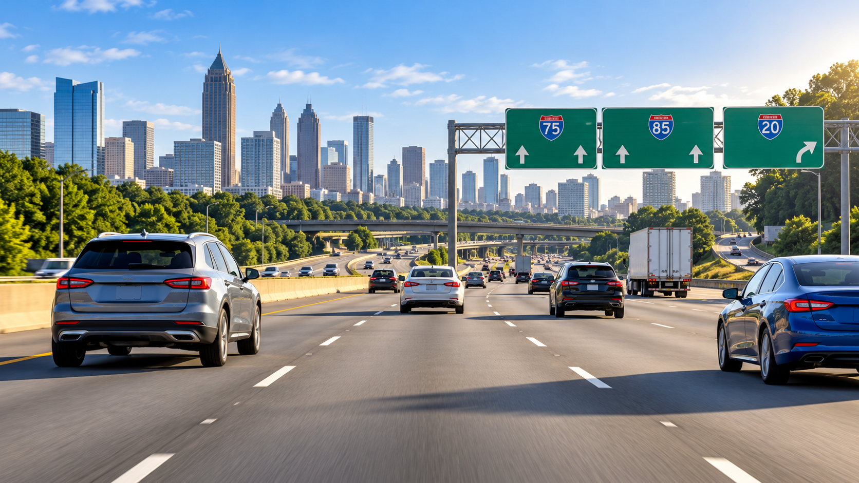 Driving toward the downtown Atlanta skyline
