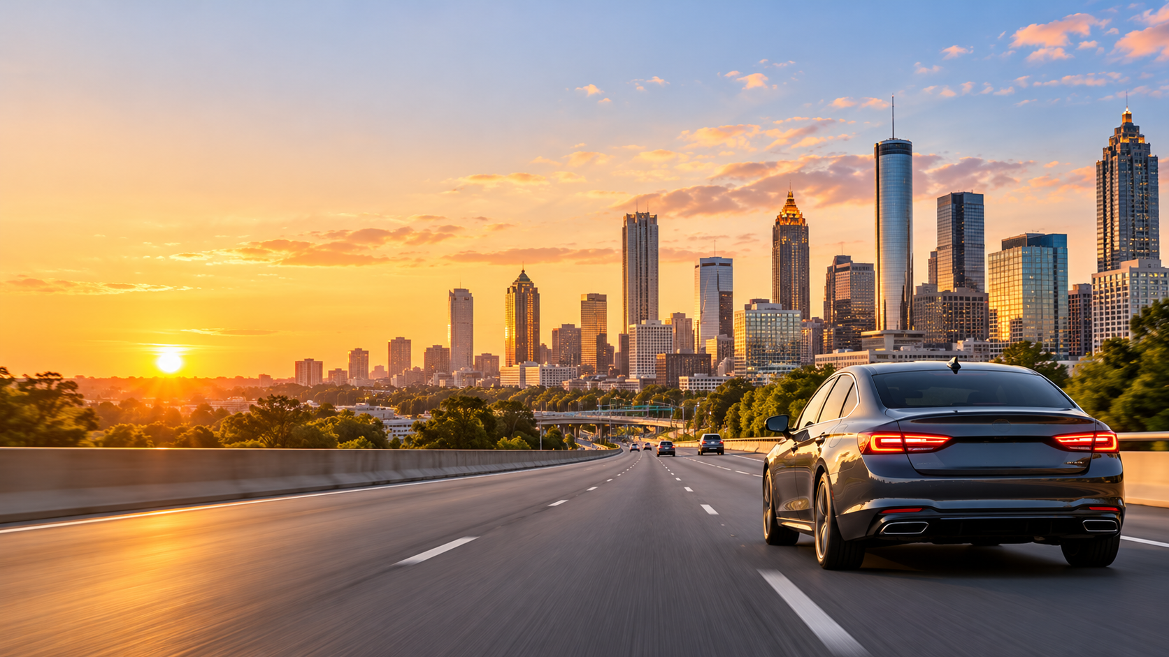 Driving toward a city skyline